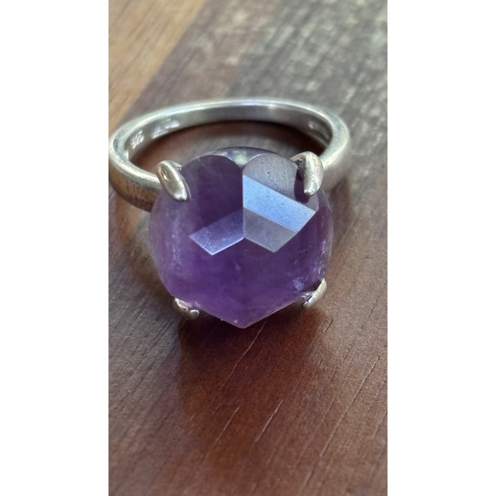 Sterling Silver Large Round Faceted Amethyst Ring Size 8.25